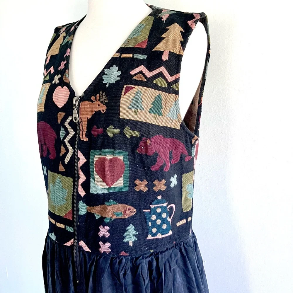 Vintage 80’s Twin Peaks brocade camping bib dress